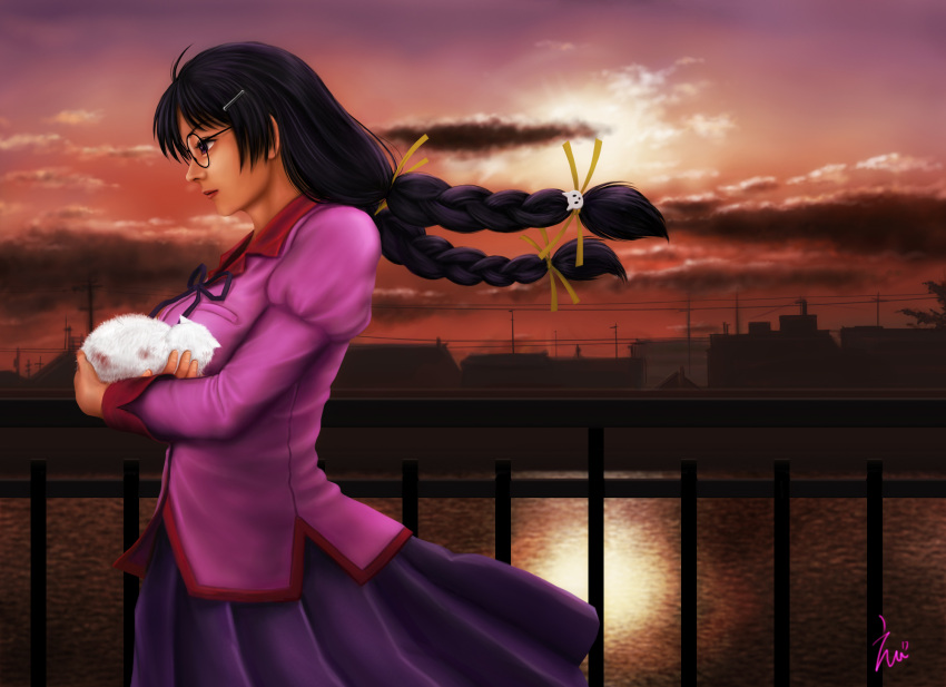 1girl, black_hair, braid, cat, eeotoko, glasses, hanekawa_tsubasa, long_hair