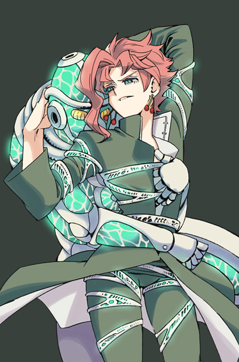 earrings, gakuran, glowing, green_eyes, hierophant_green, jewelry, jojo_no_kimyou_na_bouken, kakyouin_noriaki