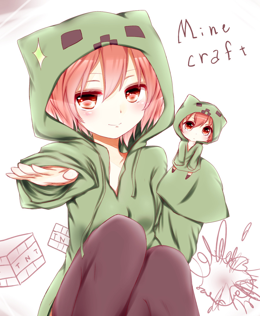 blush, creeparka, creeper, highres, hoodie, looking_at_viewer, minecraft, misa_(kaeruhitode)