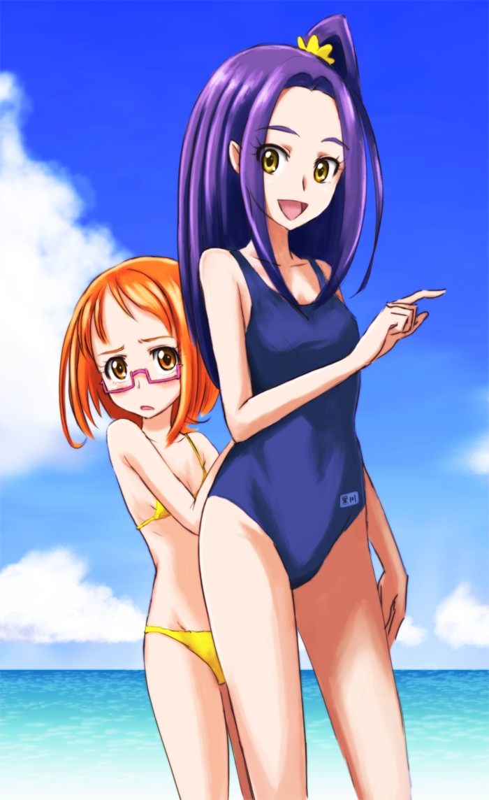 beach, bikini, blue_sky, blush, bob_cut, brown_eyes, cloud, clouds, diskmonkey, embarrassed, glasses, height_difference, kurokawa_ellen, long_hair, looking_at_viewer, multiple_girls, ocean, one-piece_swimsuit, one_side_up, orange_hair, precure, purple_hair, school_swimsuit, shirabe_ako, short_hair, side_ponytail, siren_(suite_precure), size_difference, sky, string_bikini, suite_precure, summer, swimsuit, yellow_bikini, yellow_eyes