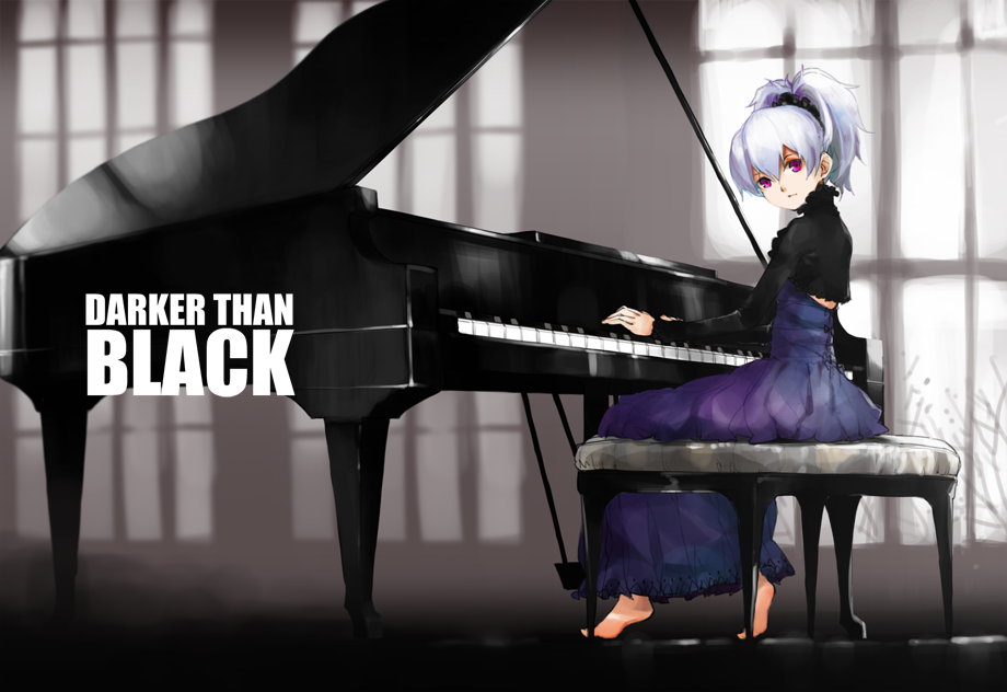 barefoot, darker_than_black, dress, hair_ribbon, instrument, long_hair, masin0201, piano