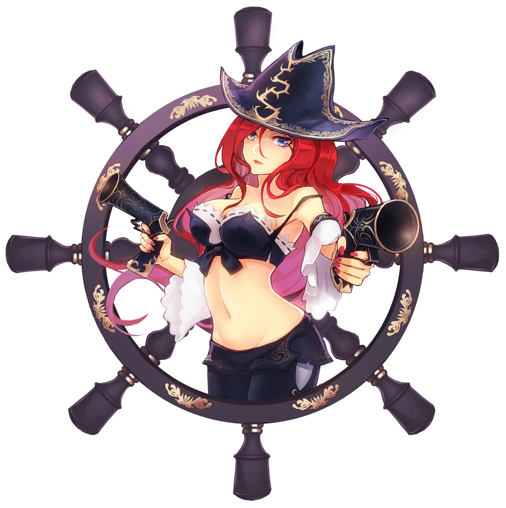 aiming, blue_eyes, breasts, cleavage, dual_wielding, gun, hat, league_of_legends, long_hair, midriff, navel, red_hair, redhead, sarah_fortune, solo, soul4444, steering_wheel, weapon