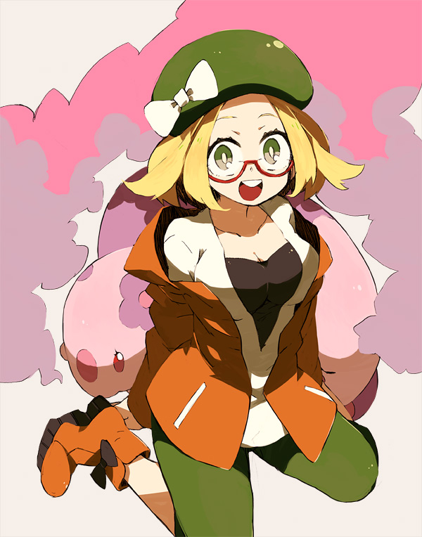 1girl, bel_(pokemon), blonde_hair, boots, bow, breasts, cleavage, glasses, green_eyes, hat, hat_bow, looking_at_viewer, munna, musharna, open_clothes, open_jacket, open_mouth, pokemon, pokemon_(creature), pokemon_(game), pokemon_bw2, red_glasses, shigetake_(buroira), short_hair, sitting, wariza