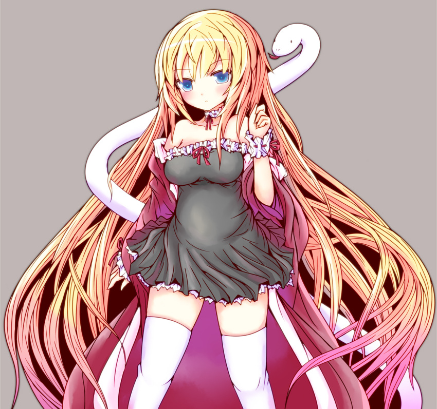 bare_shoulders, blonde_hair, blue_eyes, blush, choker, dress, grey_background, long_hair, looking_at_viewer, new_year, original, shio_poteto, simple_background, snake, solo, thigh-highs, thighhighs, very_long_hair, white_legwear