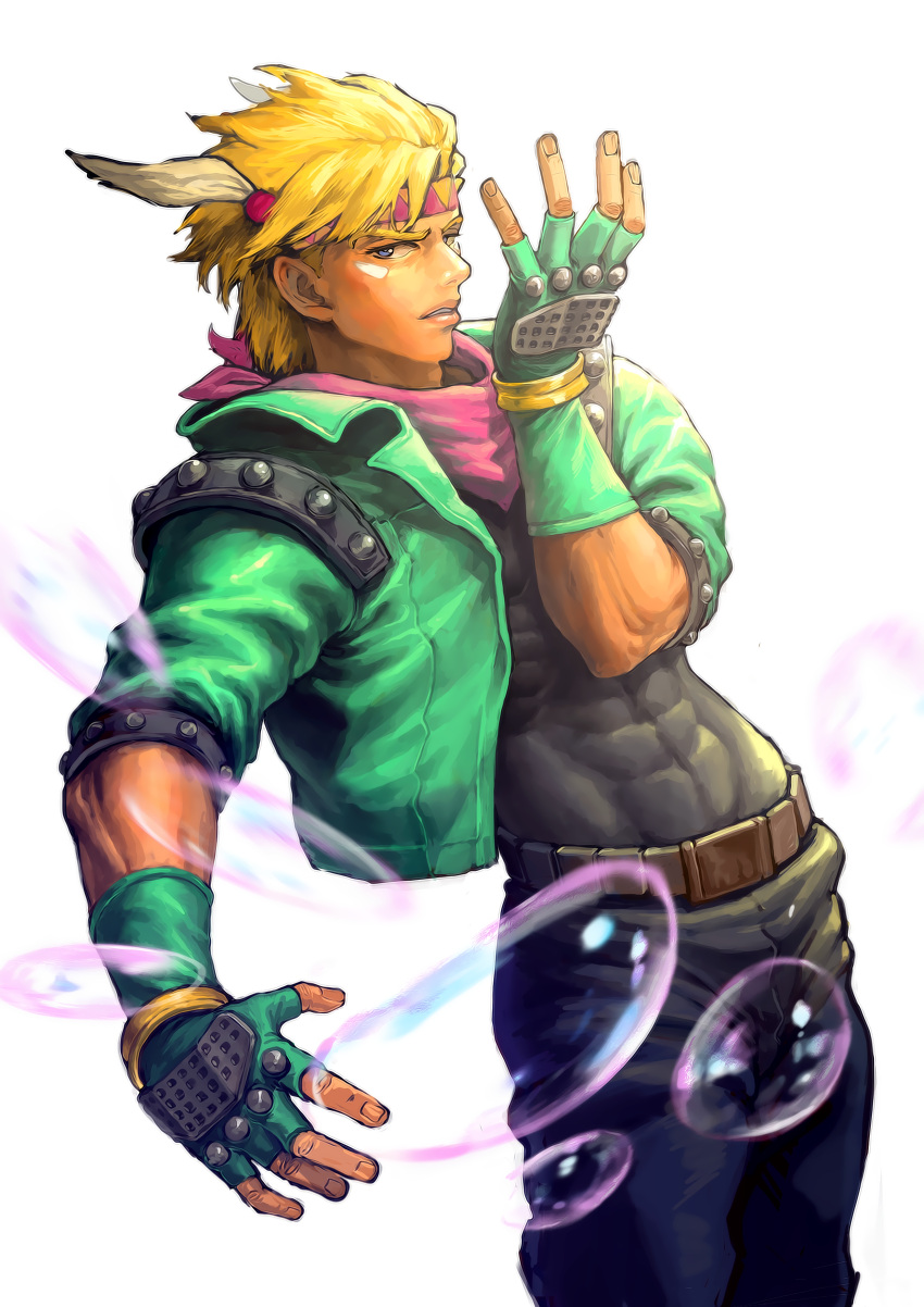 absurdres, blonde_hair, blue_eyes, bubble, caesar_anthonio_zeppeli, crossbonedx, facial_mark, feathers, fingerless_gloves, gloves, green_jacket, highres, jacket, jojo_no_kimyou_na_bouken, neckerchief, solo, tight