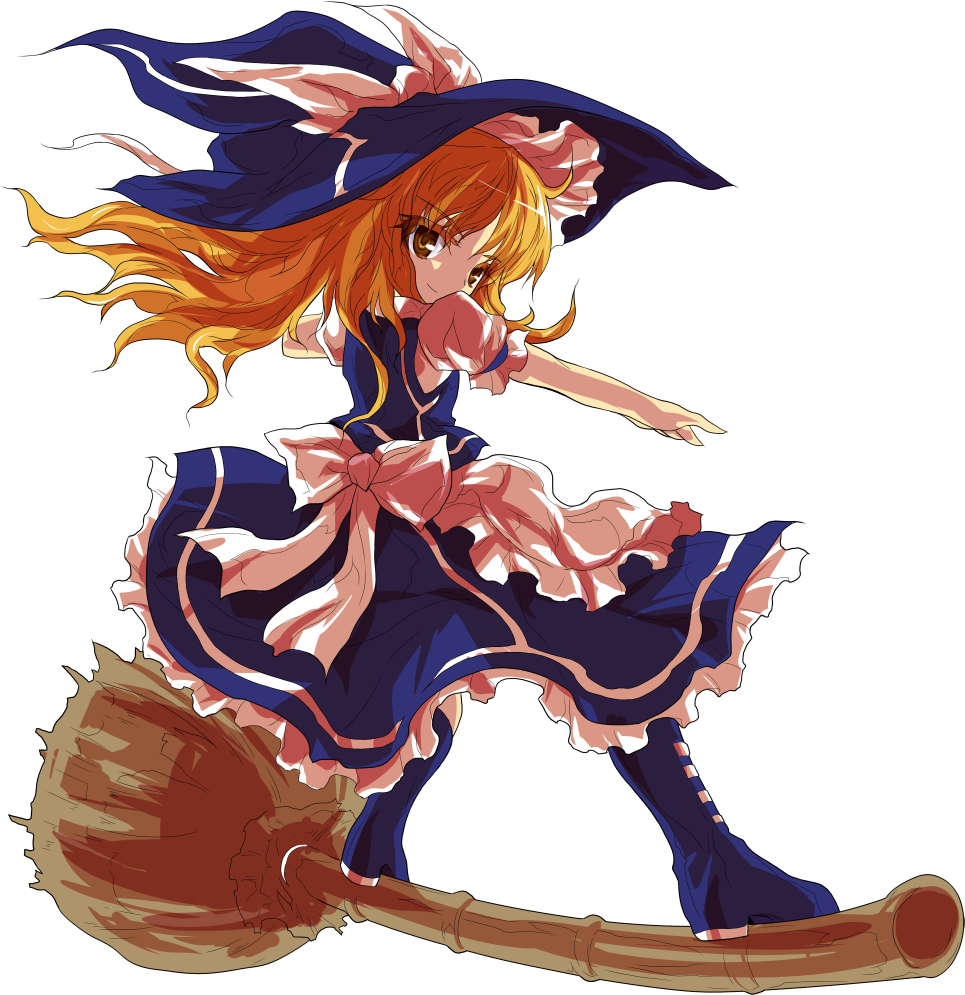alphes, apron, blonde_hair, boots, bow, broom, broom_riding, full_body