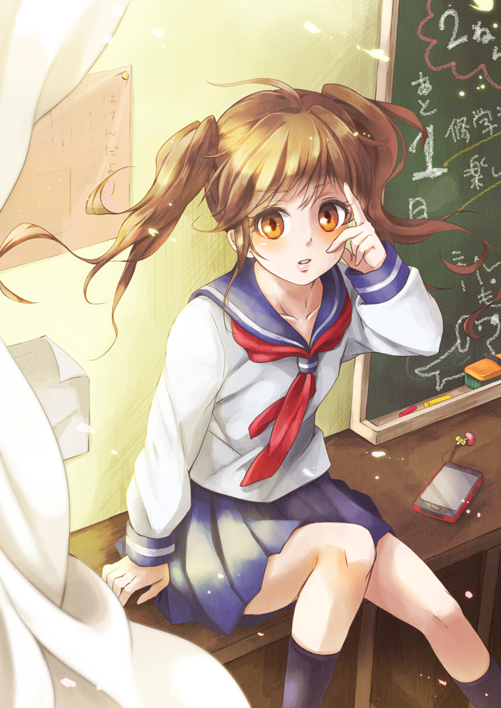 1girl, brown_eyes, brown_hair, cellphone_strap, chalkboard, female, miku_(mitty39), original