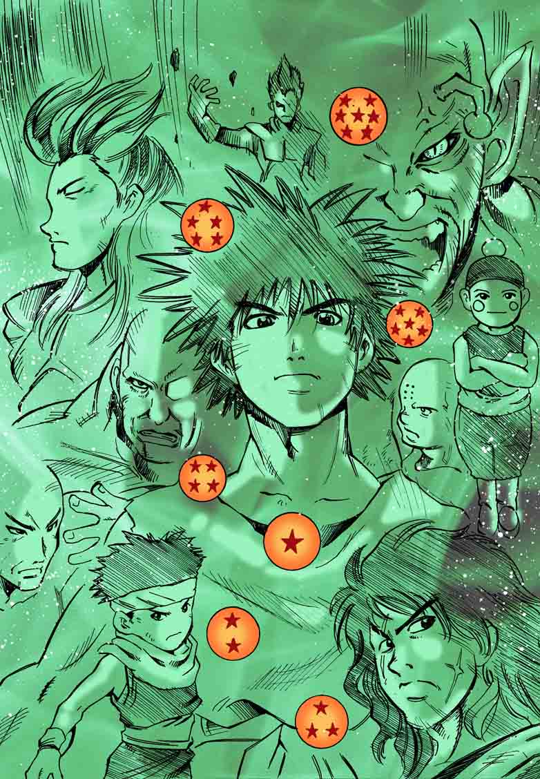 6+boys, antennae, chaozu, dragon_ball, dragon_ball_(object), green, headband, kuririn