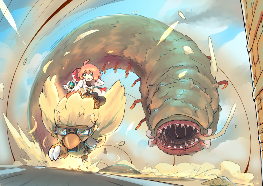 ahoge, chocobo, final_fantasy, final_fantasy_fables, green_eyes, highres, open_mouth, orange_hair