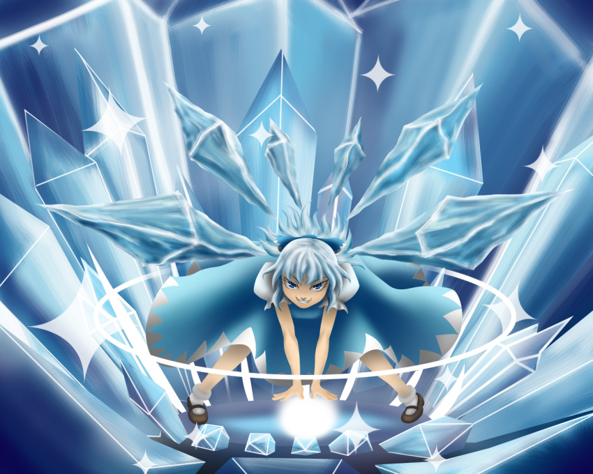 blue, blue_eyes, blue_hair, bow, cirno, energy_ball, evil_grin, evil_smile