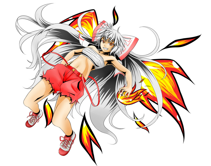 adapted_costume, bow, cutoffs, dutch_angle, fiery_wings, fire, fujiwara_no_mokou, grey_hair