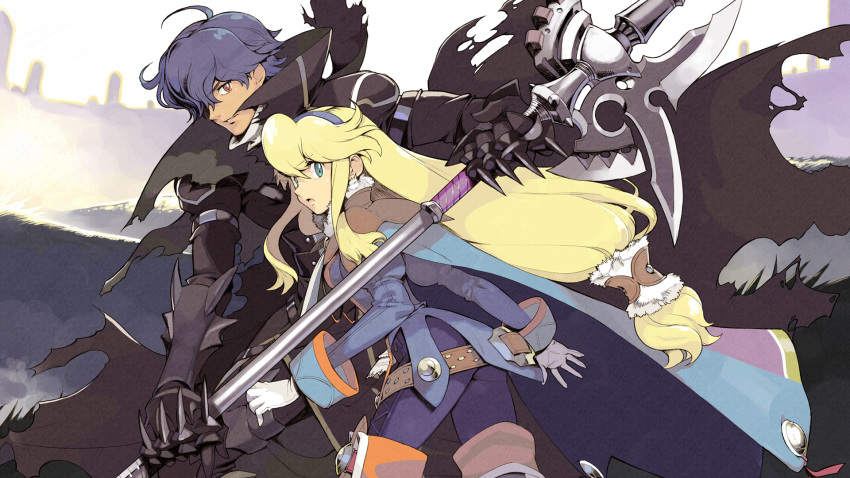 1girl, belt, black_hair, brown_eyes, cape, clarissa_arwin, coat, felius_arwin, fujimoto_hideaki, gloves, green_eyes, highres, long_hair, looking_at_viewer, official_art, open_mouth, polearm, spear, wallpaper, weapon, wild_arms, wild_arms_xf