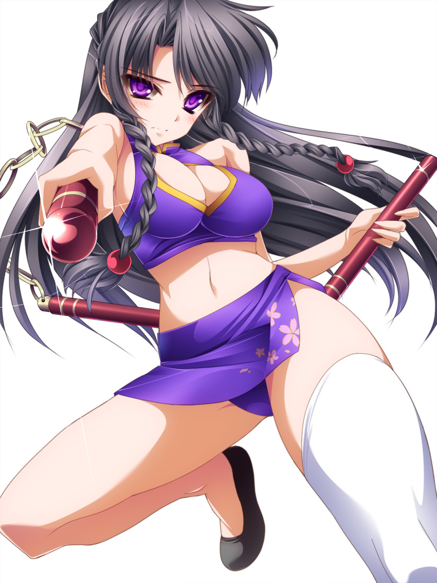 black_hair, blush, braid, hair_ornament, highres, long_hair, midriff, moneti_(daifuku), navel, nunchaku, original, panties, pointing, pointing_at_viewer, purple_hair, single_thighhigh, skirt, solo, thigh-highs, thighhighs, twin_braids, underwear, upskirt, white_legwear