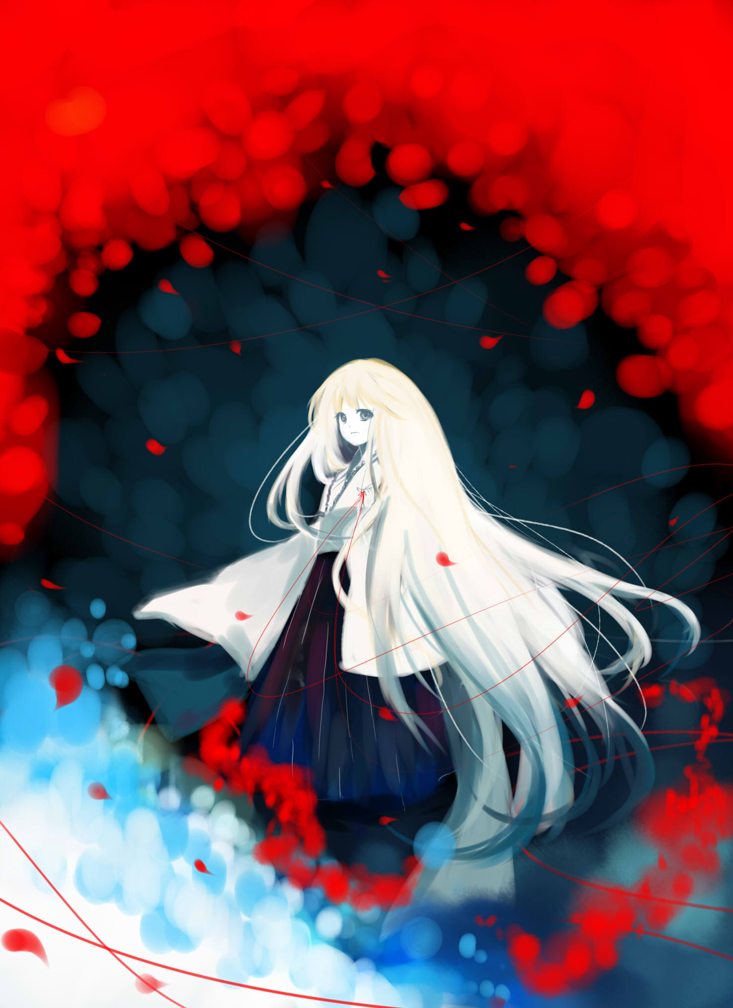 hatsune_miku, highres, japanese_clothes, kimono, kurenai_kurumu_kuu_(vocaloid), long_hair, lyrah777, petals, red_string, solo, string, vocaloid