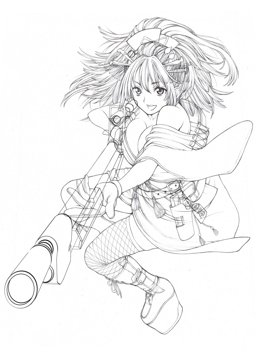 belt, boots, breasts, cleavage, fishnet_legwear, fishnets, gun, highres