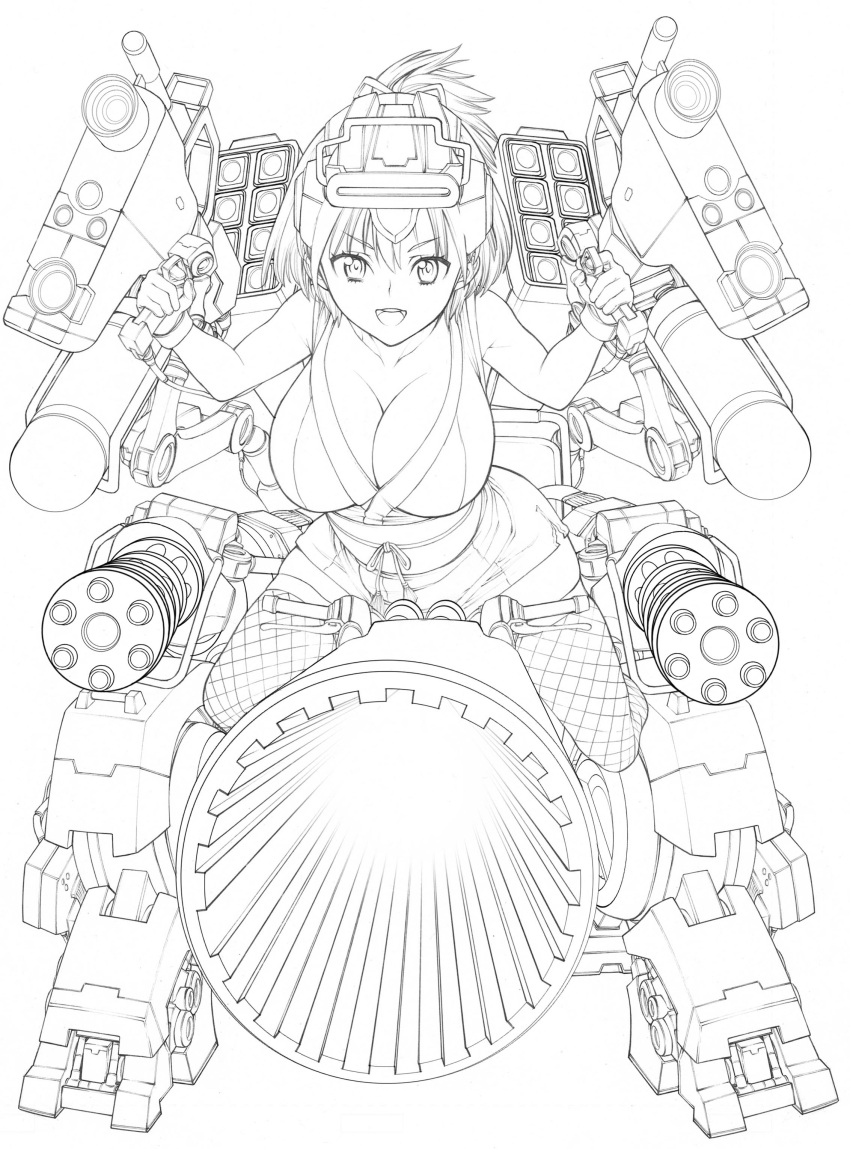 breasts, cleavage, fishnet_legwear, fishnets, gun, head_mounted_display, highres, huge_breasts