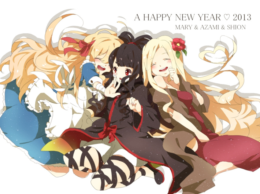 :d, ^_^, ankle_lace-up, azami_(kagerou_project), bandage, bandages, black_hair, blonde_hair