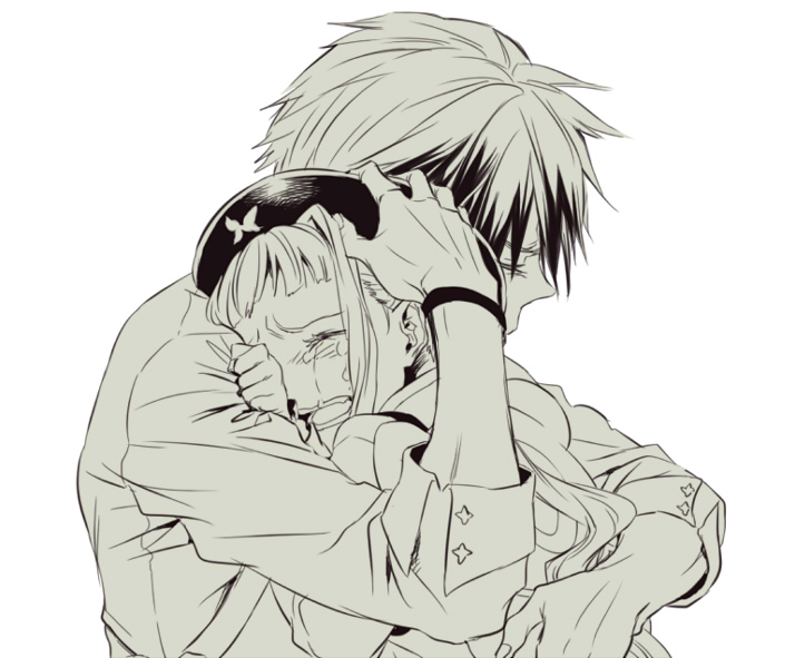 1girl, beret, black_hair, closed_eyes, comforting, elle_mel_martha, eyes_closed, hat