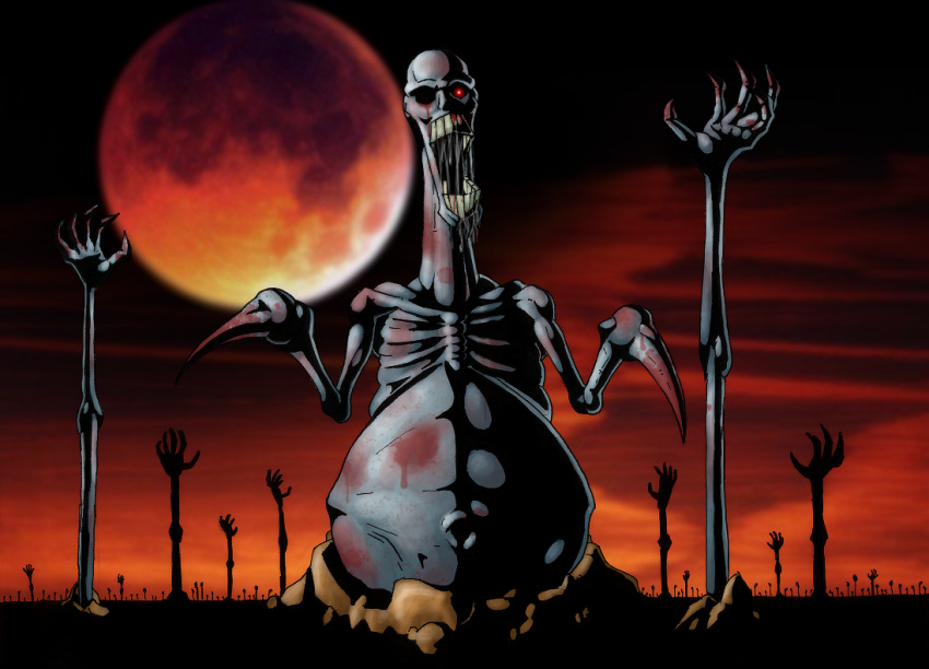 dead_hand, full_moon, glowing, glowing_eye, hands, missing_eye, mist, monster, moon, ocarina_of_time, open_mouth, pherun, red_eyes, red_moon, saliva, solo, teeth, the_legend_of_zelda