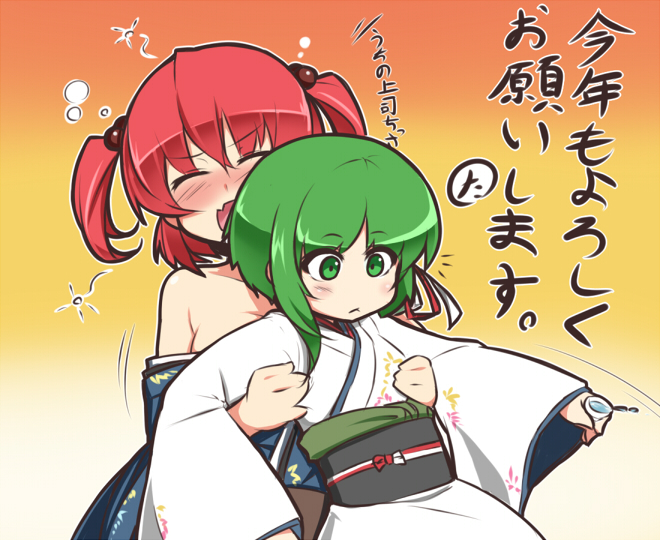 2girls, bare_shoulders, blush, closed_eyes, drunk, fang, floral_print, green_eyes