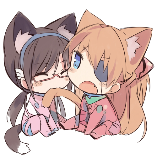 animal_ears, biting, blue_eyes, blush_stickers, brown_hair, cat_ears, cattail, chibi