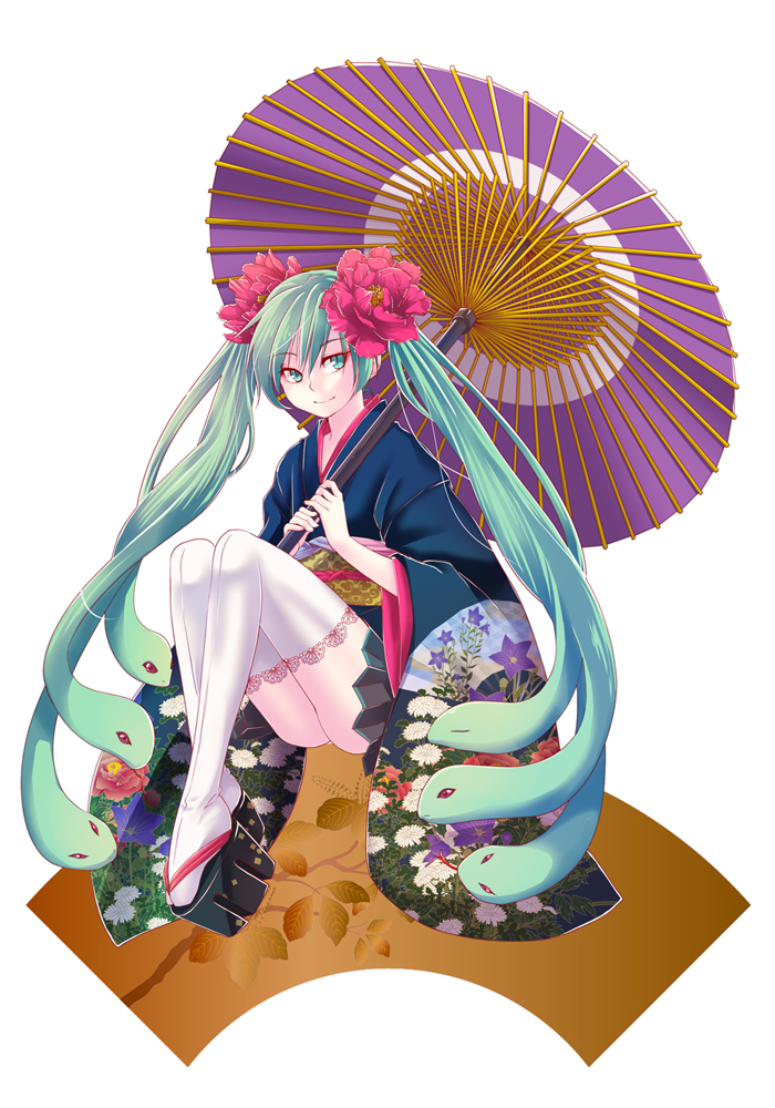 flower, green_eyes, green_hair, hair_flower, hair_ornament, hashi_moto, hatsune_miku, japanese_clothes