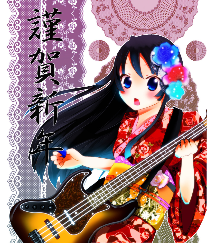 akiyama_mio, bass_guitar, black_eyes, black_hair, blush, electric_guitar, fender, guitar