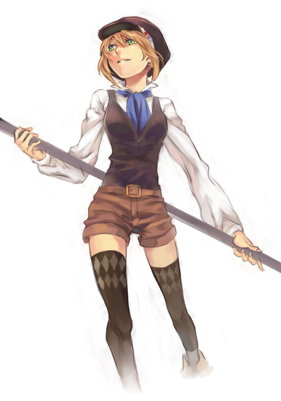 argyle, argyle_legwear, black_legwear, brown_hair, cravat, green_eyes, hat, leia_roland