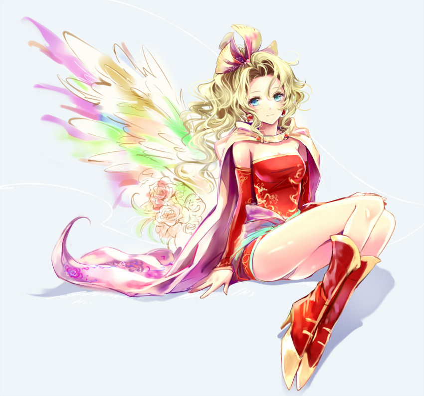 aqua_eyes, blonde_hair, cape, detached_sleeves, dress, earrings, final_fantasy, final_fantasy_vi