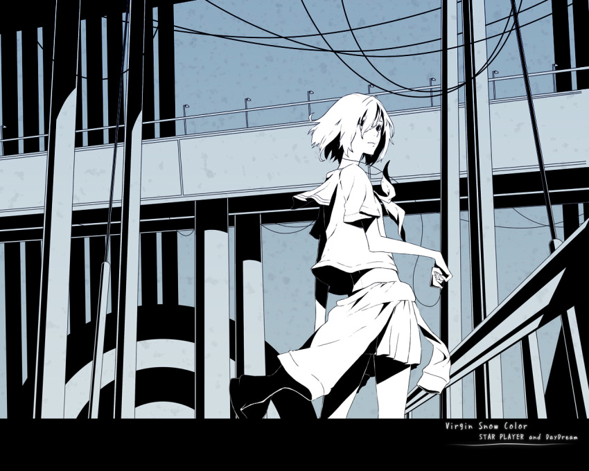 blue, cable, digital_media_player, earphones, english, from_behind, hair_over_one_eye, jacket_around_waist