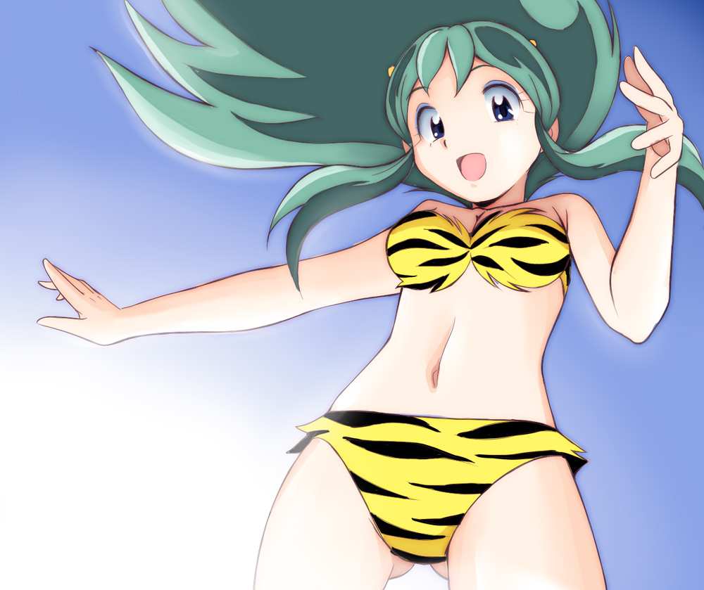 amraam120c, bikini, green_eyes, green_hair, horns, long_hair, lum, solo