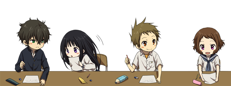 2girls, black_hair, brown_eyes, brown_hair, chair, chibi, chitanda_eru, fukube_satoshi