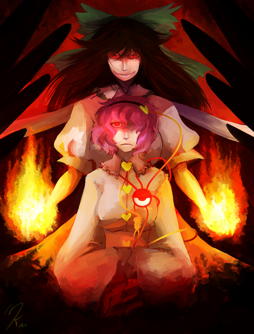 bow, brown_hair, evil_smile, eyeball, fire, flame, hair_bow, hair_over_one_eye