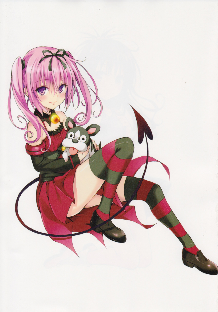 absurdres, bare_shoulders, blush, demon_tail, dog, dress, flat_chest, hair_ribbon