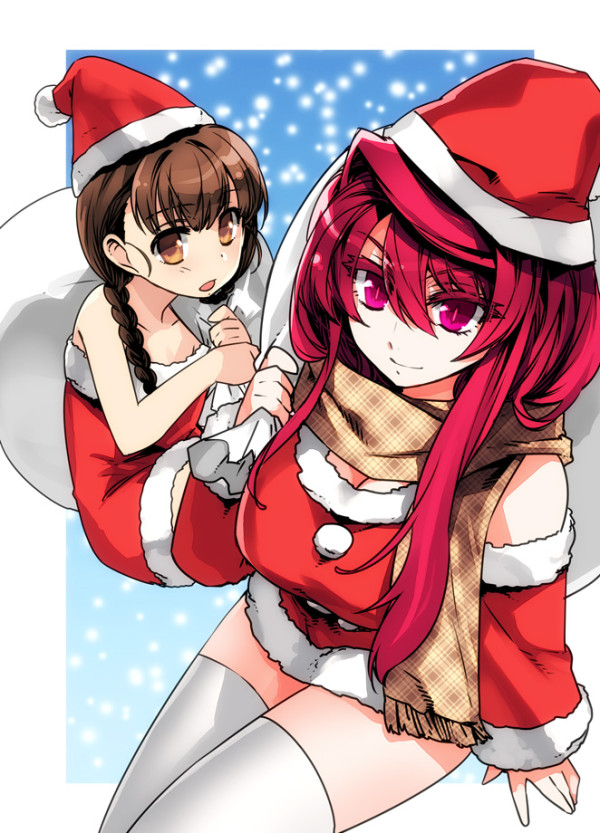 big_sister_maid_(maoyuu), braid, breasts, brown_eyes, brown_hair, christmas, cleavage, detached_sleeves