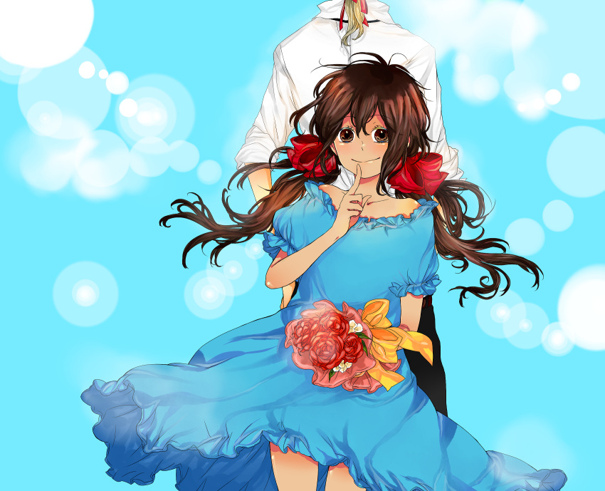 1girl, axis_powers_hetalia, blonde_hair, blurry, bokeh, bouquet, brown_eyes, brown_hair
