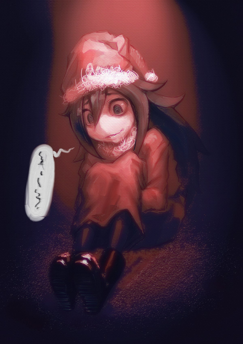 alternate_costume, bags_under_eyes, black_hair, boots, christmas, green_eyes, hat, highres