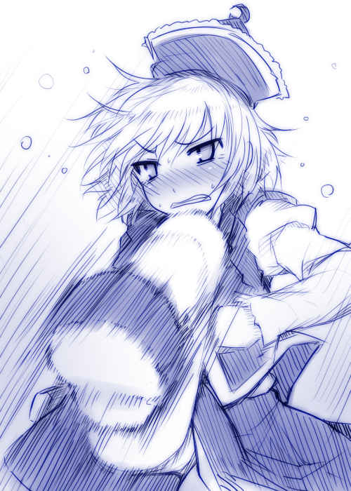 blush, crescent, hat, kazetto, long_sleeves, lunasa_prismriver, monochrome, panties
