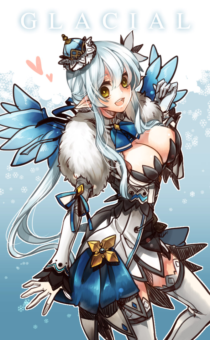 alternate_costume, alternate_eye_color, alternate_hair_color, blue_background, breasts, cleavage, crown, elsword