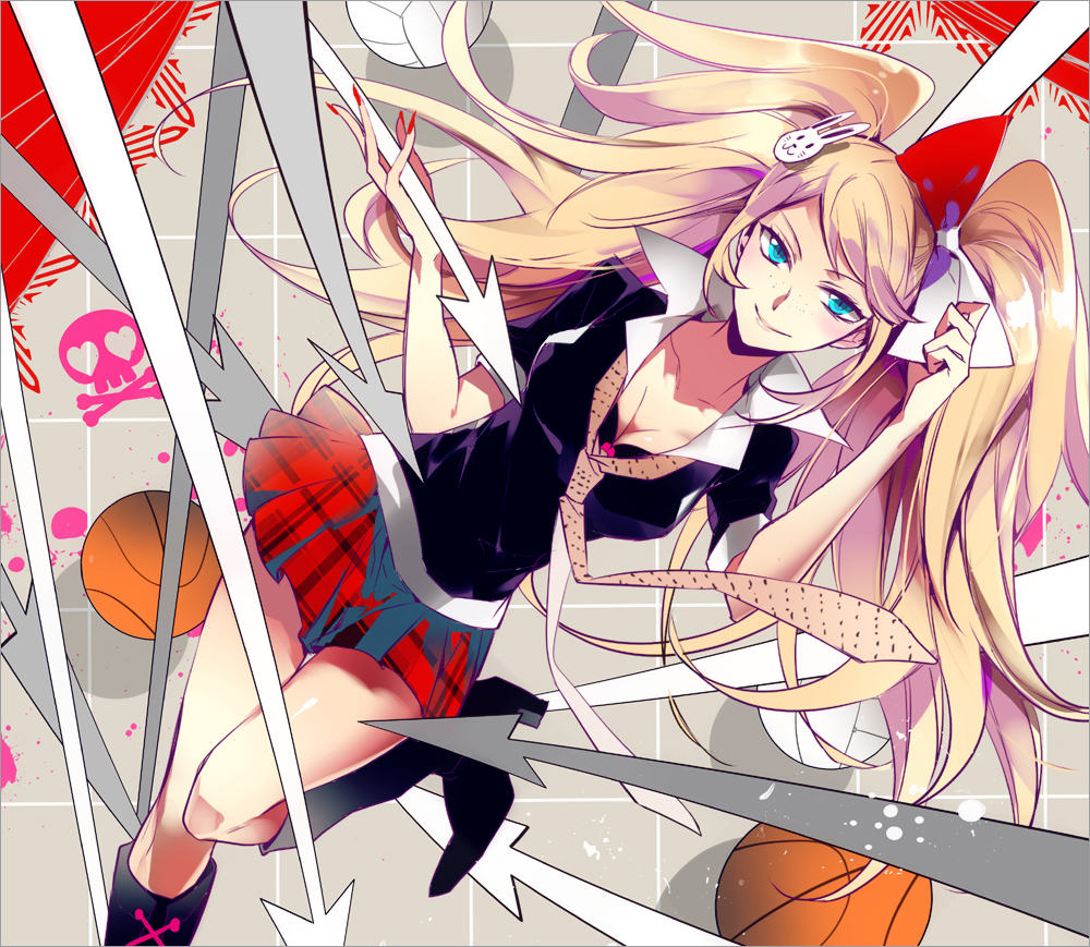 basketball, blonde_hair, blue_eyes, blush, boots, bow, bunny_hair_ornament, dangan_ronpa