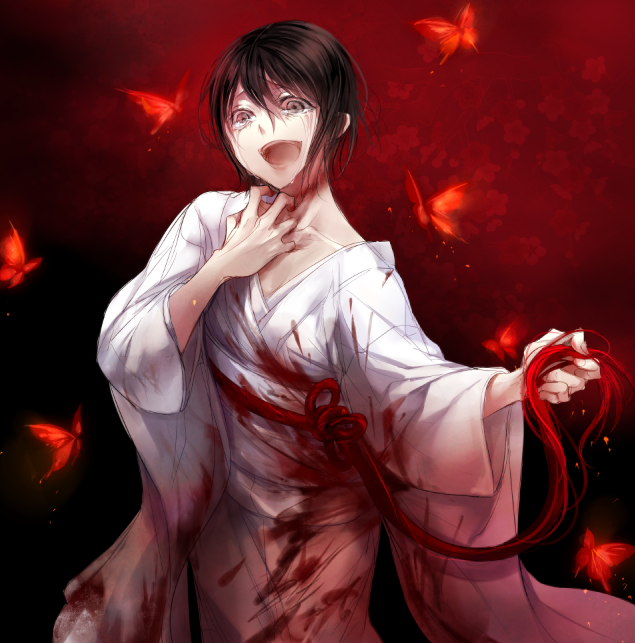 blood, broken, broken_neck, brown_hair, butterfly, crazy, crazy_eyes, fatal_frame, fatal_frame_2, ghost, grey_eyes, insane, japanese_clothes, kimono, koko_(oyasuminasai), kurosawa_sae, obi, open_mouth, red_string, short_hair, solo, string, tears