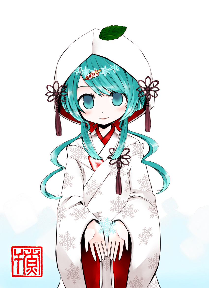 aqua_eyes, aqua_hair, hair_ornament, hatsune_miku, highres, japanese_clothes, kimono, leaf