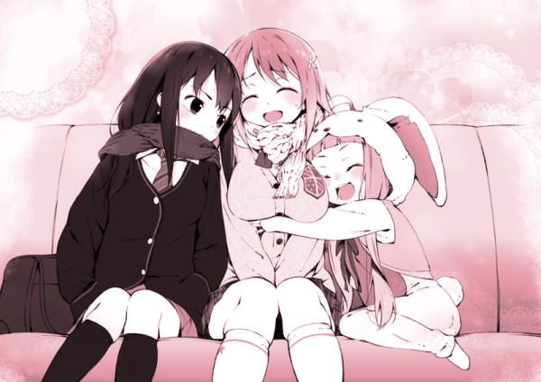 :d, ^_^, animal_costume, bag, blush, breast_pillow, breast_press, breasts, bunny_costume, cardigan, cheek-to-breast, cheek_press, closed_eyes, couch, flower, girl_sandwich, hair_flower, hair_ornament, ichihara_nina, idolmaster, idolmaster_cinderella_girls, kneehighs, long_hair, mimura_kanako, monochrome, multiple_girls, necktie, open_mouth, plaid, plaid_skirt, scarf, school_bag, school_uniform, shibuya_rin, skirt, smile, u_(the_unko)