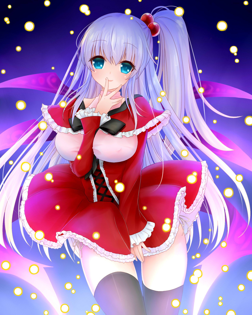 adapted_costume, ahoge, blue_eyes, breasts, finger_on_lips, hair_bobbles, hair_ornament, highres, long_hair, sakayan, shinki, side_ponytail, silver_hair, solo, thigh-highs, thighhighs, touhou, wings