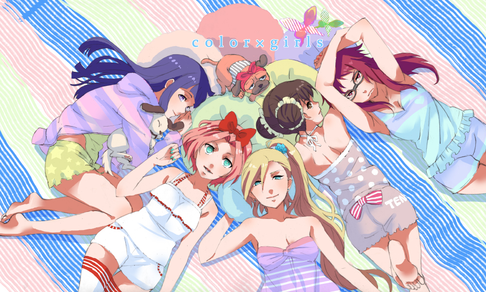 5girls, akamaru_(naruto), barefoot, blonde_hair, bow, brown_hair, dog, double_bun