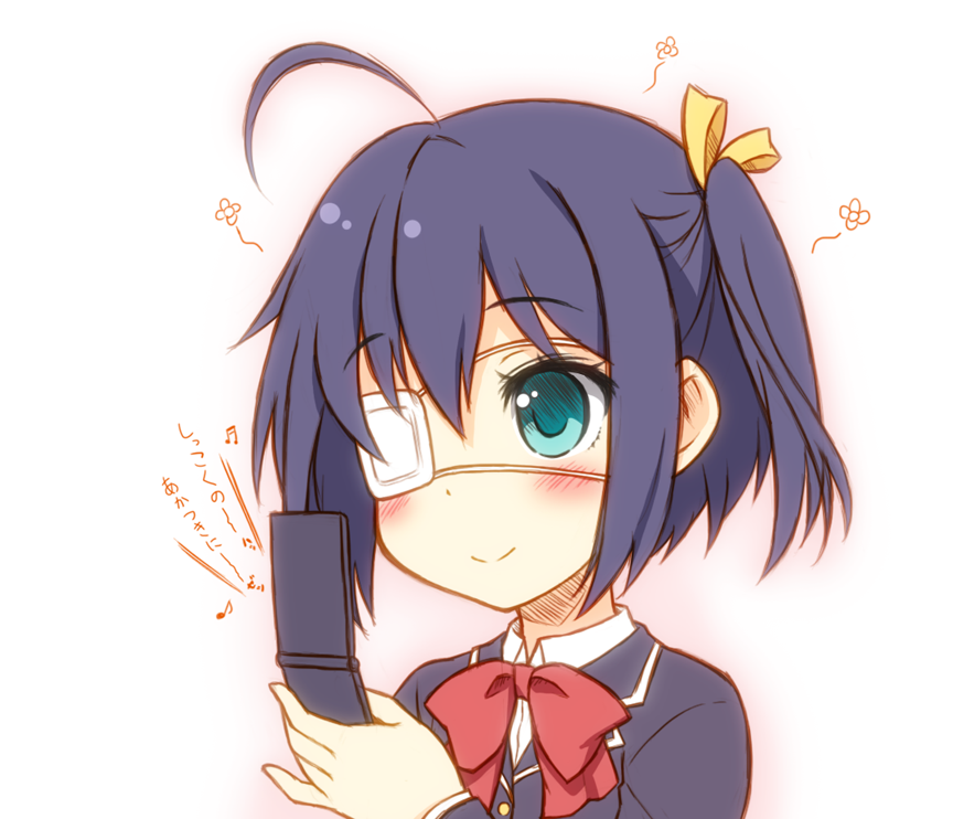 ahoge, aqua_eyes, blue_hair, blush, bow, cellphone, chuunibyou_demo_koi_ga_shitai!, eyepatch