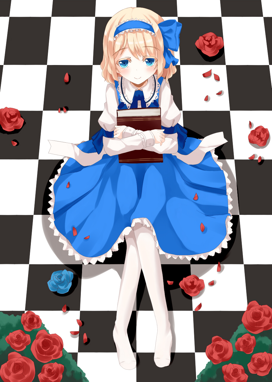 alice_margatroid, alice_margatroid_(pc-98), ascot, blonde_hair, blue_dress, blue_eyes, book, bow
