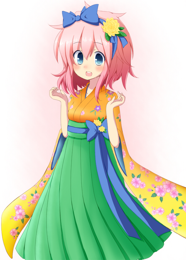 1girl, beatmania, beatmania_iidx, blue_eyes, blush, bow, dress, flower, hair_bow, hair_ornament, hairband, japanese_clothes, jubeat, looking_at_viewer, open_mouth, pink_hair, rensei, ribbon, sigsig_(bemani), smile, solo, white_background