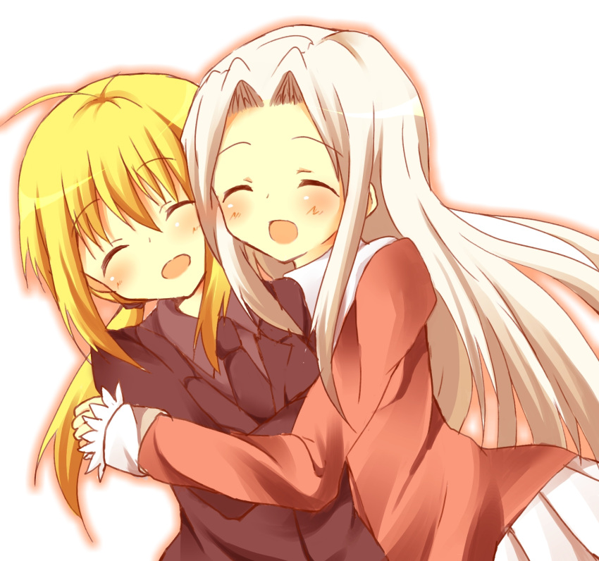 2girls, ^_^, ahoge, blonde_hair, blush, closed_eyes, eyes_closed, fate/zero