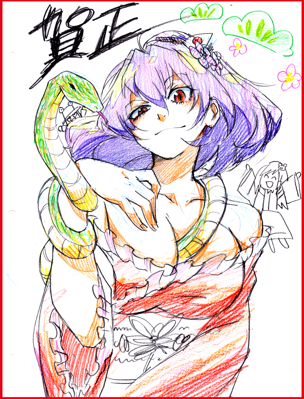bare_shoulders, between_breasts, border, breasts, colored_pencil_(medium), flower, hair_flower, hair_ornament, highres, kochiya_sanae, koi_(nisikicoi), large_breasts, moriya_suwako, purple_hair, red_border, red_eyes, short_hair, sketch, snake, touhou, traditional_media, yasaka_kanako